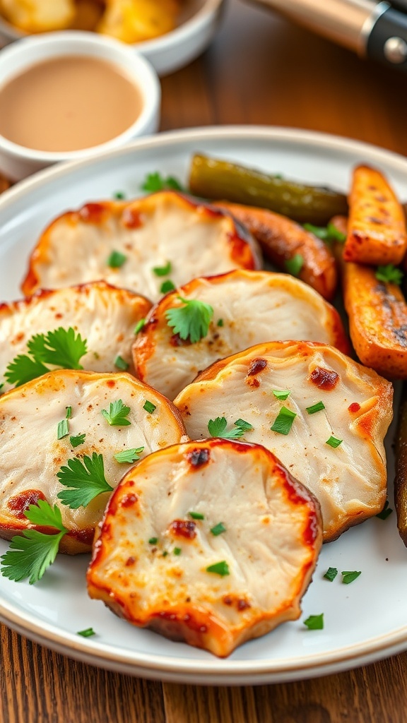 Juicy air fryer pork medallions garnished with parsley, served with roasted vegetables on a rustic table.